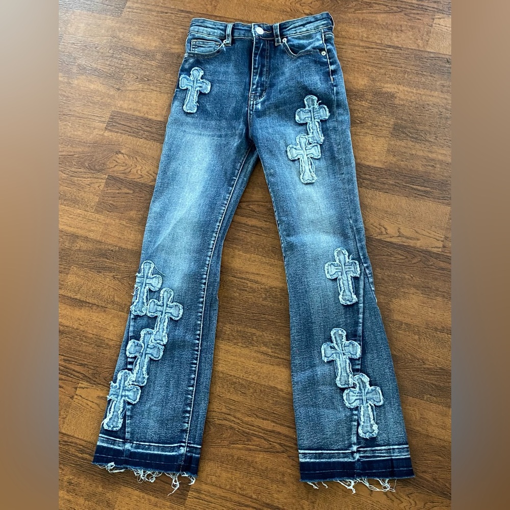 Denim Bread -
Stylish Blue Denim Jeans with Cross Embellishments